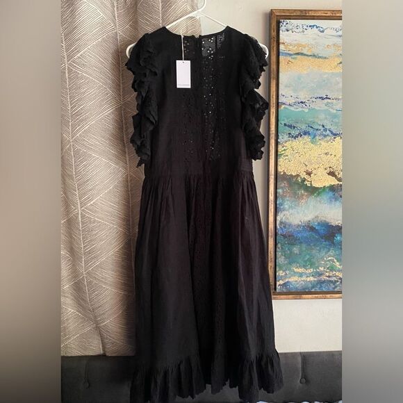 Ulla Johnson Bea Black  Midi Dress Embroidered  Ruffles Sleeve Sz 8 NWT - Picture 6 of 17